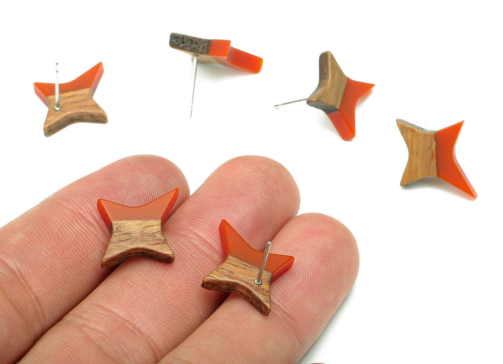 Natural Wooden North Star Earring - Walnut Wood Red Resin Four-Pointed Star Earring Post - 316 Stainless Steel Stud -20.1x17.1x3.1mm-BB1259A - DOMEDBAZAAR