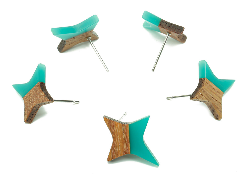 Natural Wooden North Star Earring - Walnut Wood Petrol Resin Four-Pointed Star Earring Post-316 Stainless Steel Stud-20.1x17.1x3.1mm-BB1259B - DOMEDBAZAAR