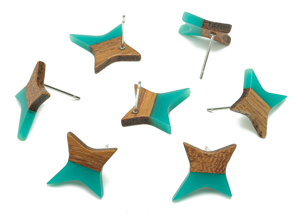 Natural Wooden North Star Earring - Walnut Wood Petrol Resin Four-Pointed Star Earring Post-316 Stainless Steel Stud-20.1x17.1x3.1mm-BB1259B - DOMEDBAZAAR