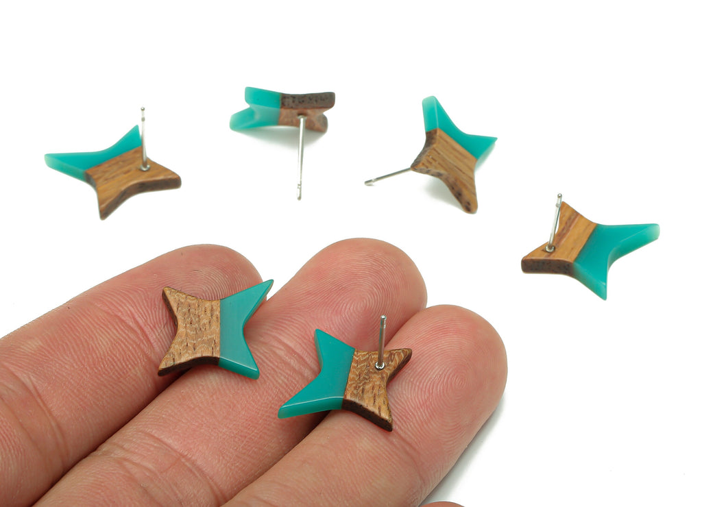 Natural Wooden North Star Earring - Walnut Wood Petrol Resin Four-Pointed Star Earring Post-316 Stainless Steel Stud-20.1x17.1x3.1mm-BB1259B - DOMEDBAZAAR