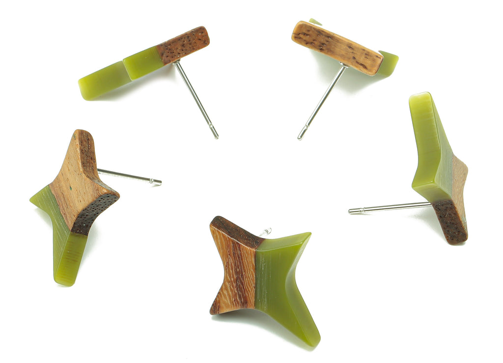 Natural Wooden North Star Earring - Walnut Wood Green Resin Four-Pointed Star Earring Post -316 Stainless Steel Stud-20.1x17.1x3.1mm-BB1259C - DOMEDBAZAAR