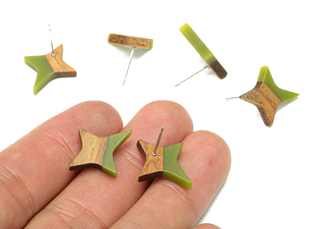 Natural Wooden North Star Earring - Walnut Wood Green Resin Four-Pointed Star Earring Post -316 Stainless Steel Stud-20.1x17.1x3.1mm-BB1259C - DOMEDBAZAAR