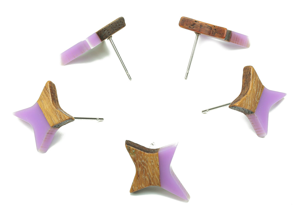 Natural Wooden North Star Earring - Walnut Wood Purple Resin Four-Pointed Star Earring Post-316 Stainless Steel Stud-20.1x17.1x3.1mm-BB1259E - DOMEDBAZAAR