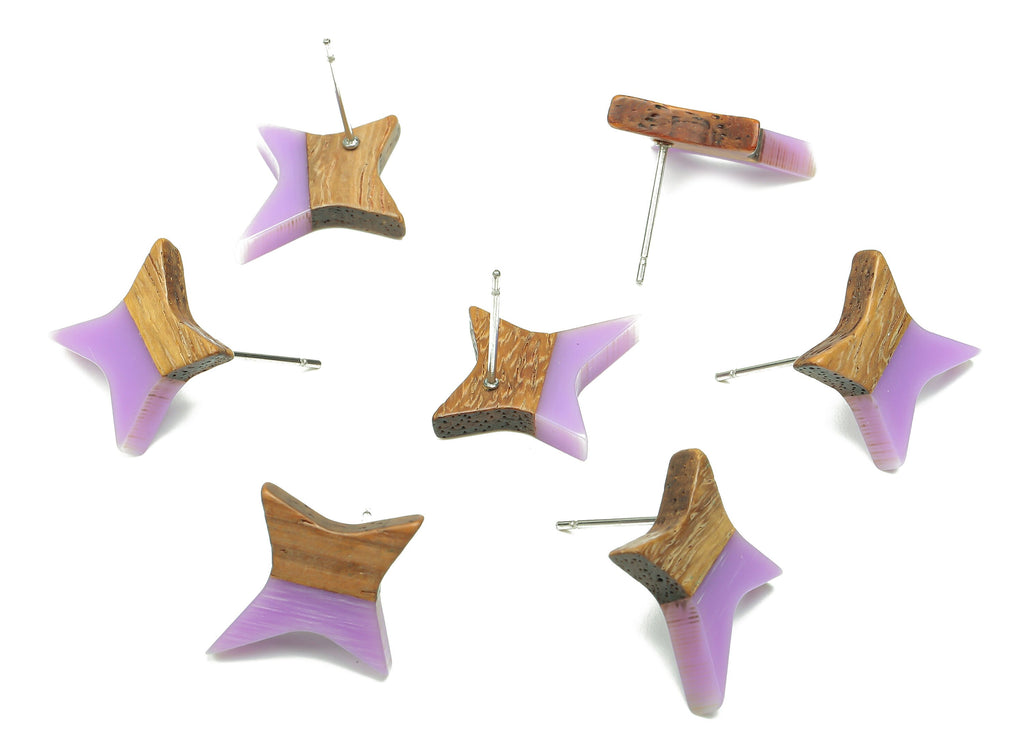 Natural Wooden North Star Earring - Walnut Wood Purple Resin Four-Pointed Star Earring Post-316 Stainless Steel Stud-20.1x17.1x3.1mm-BB1259E - DOMEDBAZAAR