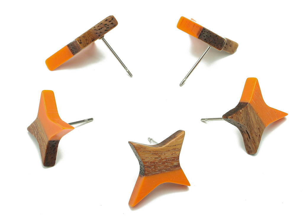 Natural Wooden North Star Earring - Walnut Wood Orange Resin Four-Pointed Star Earring Post-316 Stainless Steel Stud-20.1x17.1x3.1mm-BB1259F - DOMEDBAZAAR