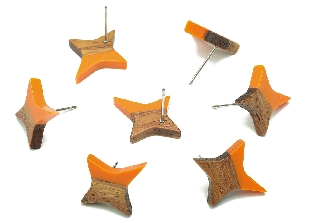 Natural Wooden North Star Earring - Walnut Wood Orange Resin Four-Pointed Star Earring Post-316 Stainless Steel Stud-20.1x17.1x3.1mm-BB1259F - DOMEDBAZAAR