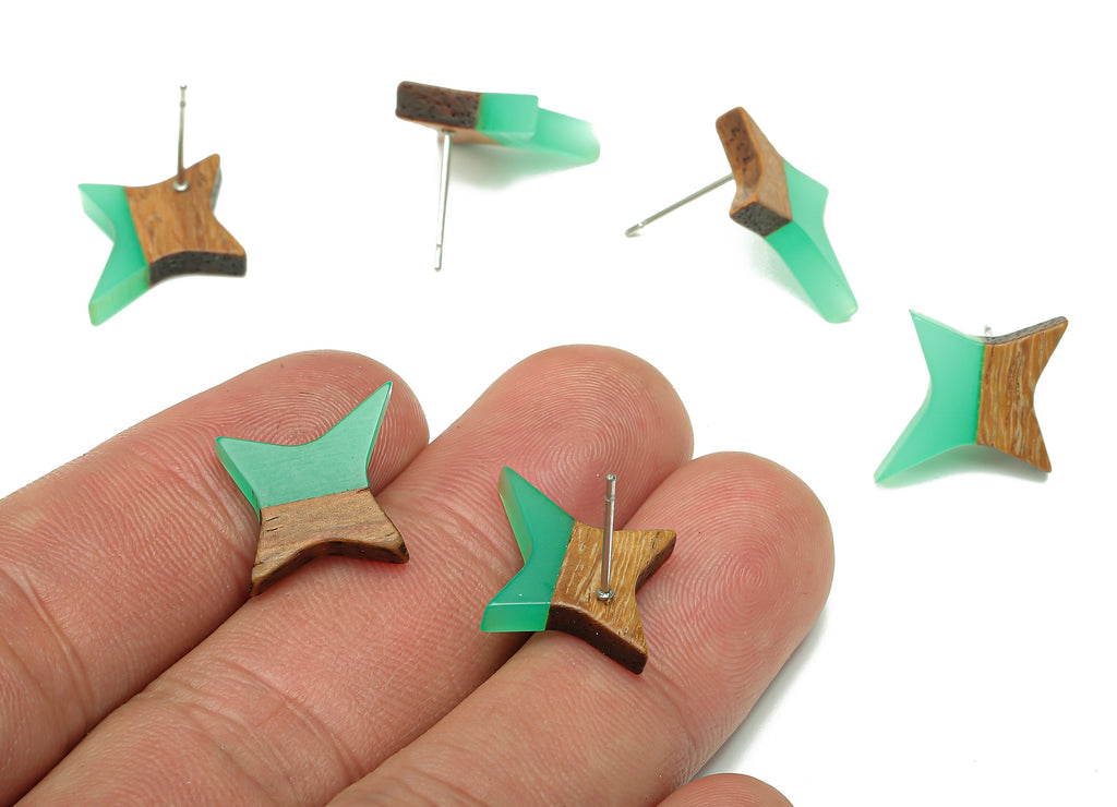 Natural Wooden North Star Earring - Walnut Wood Green Resin Four-Pointed Star Earring Post -316 Stainless Steel Stud-20.1x17.1x3.1mm-BB1259G - DOMEDBAZAAR