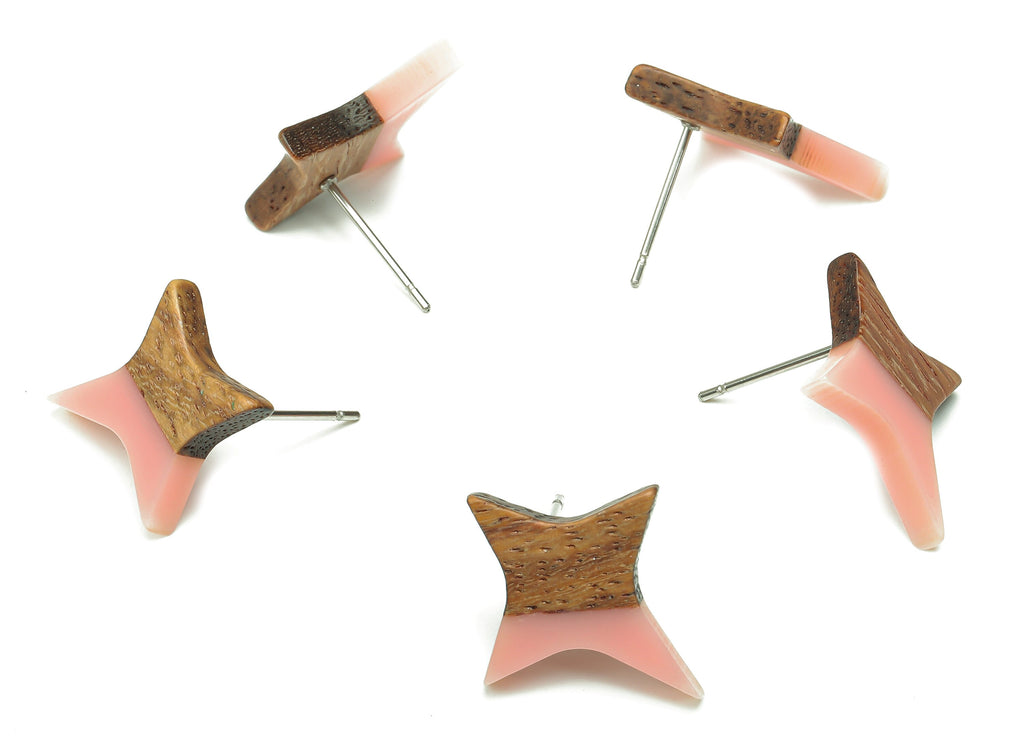 Natural Wooden North Star Earring - Walnut Wood Pink Resin Four-Pointed Star Earring Post - 316 Stainless Steel Stud-20.1x17.1x3.1mm-BB1259H - DOMEDBAZAAR