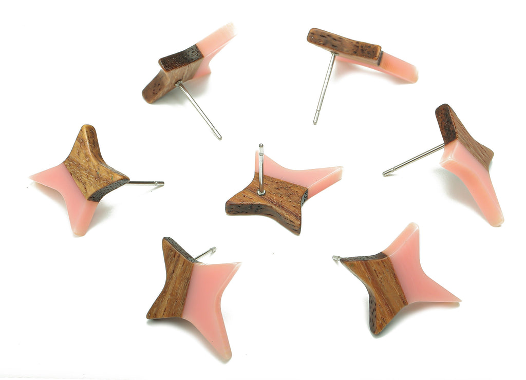 Natural Wooden North Star Earring - Walnut Wood Pink Resin Four-Pointed Star Earring Post - 316 Stainless Steel Stud-20.1x17.1x3.1mm-BB1259H - DOMEDBAZAAR