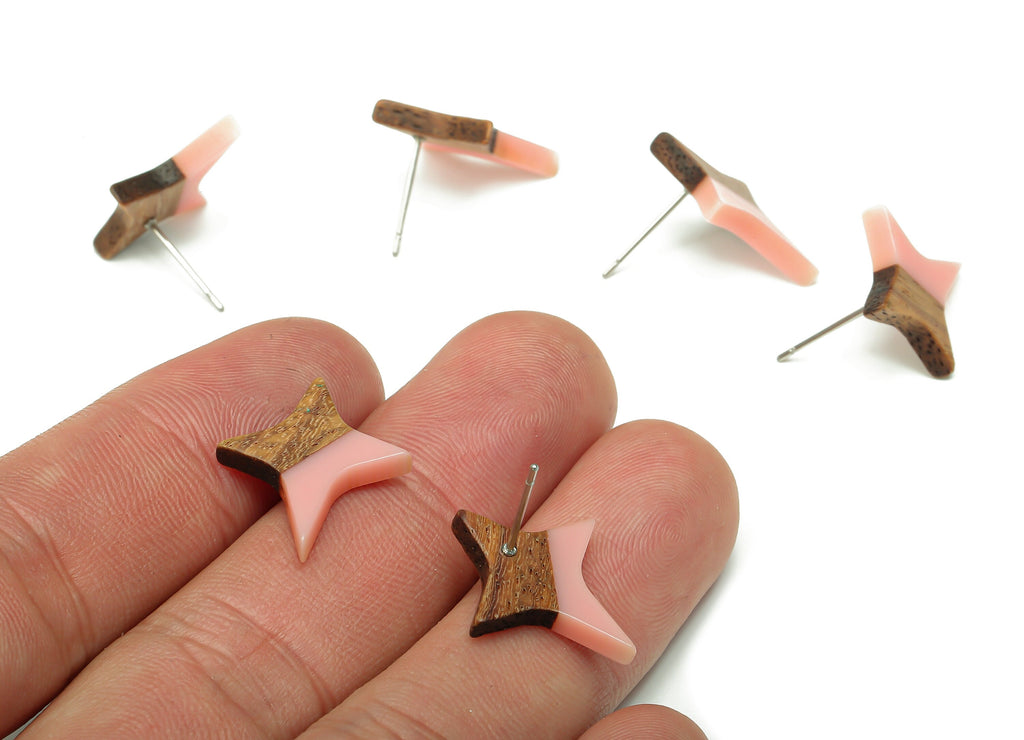 Natural Wooden North Star Earring - Walnut Wood Pink Resin Four-Pointed Star Earring Post - 316 Stainless Steel Stud-20.1x17.1x3.1mm-BB1259H - DOMEDBAZAAR