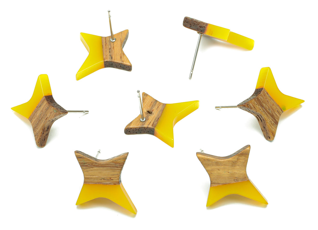 Natural Wooden North Star Earring - Walnut Wood Yellow Resin Four-Pointed Star Earring Post-316 Stainless Steel Stud-20.1x17.1x3.1mm-BB1259J - DOMEDBAZAAR