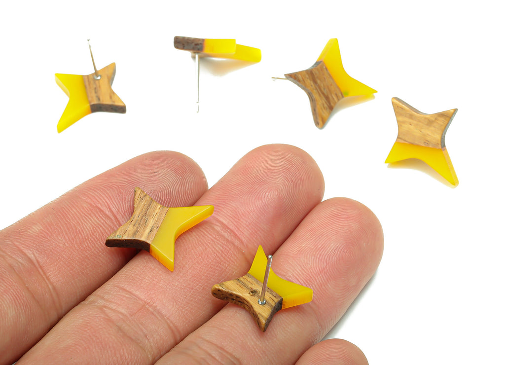 Natural Wooden North Star Earring - Walnut Wood Yellow Resin Four-Pointed Star Earring Post-316 Stainless Steel Stud-20.1x17.1x3.1mm-BB1259J - DOMEDBAZAAR