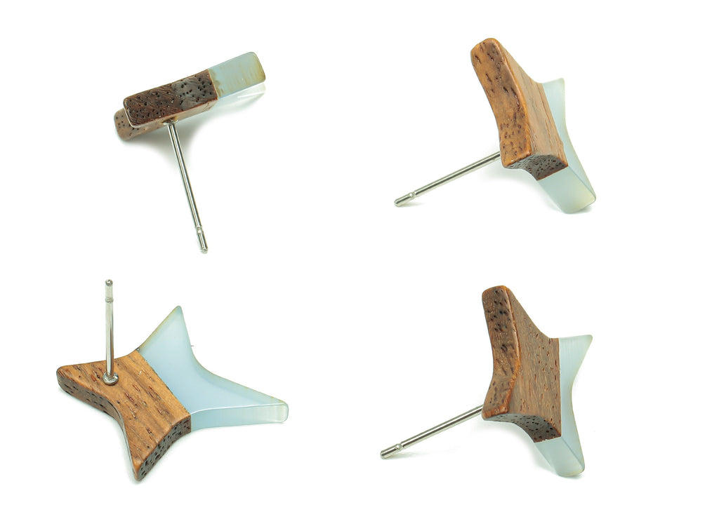 Natural Wooden North Star Earring - Walnut Wood Light Blue Resin Four-Pointed Star Post - 316 Stainless Steel Stud -20.1x17.1x3.1mm-BB1259L - DOMEDBAZAAR