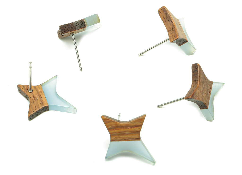 Natural Wooden North Star Earring - Walnut Wood Light Blue Resin Four-Pointed Star Post - 316 Stainless Steel Stud -20.1x17.1x3.1mm-BB1259L - DOMEDBAZAAR