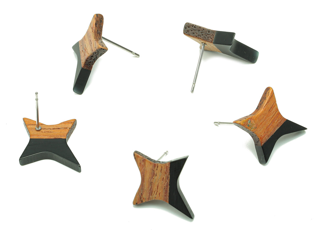 Natural Wooden North Star Earring - Walnut Wood Black Resin Four-Pointed Star Earring Post -316 Stainless Steel Stud-20.1x17.1x3.1mm-BB1259M - DOMEDBAZAAR