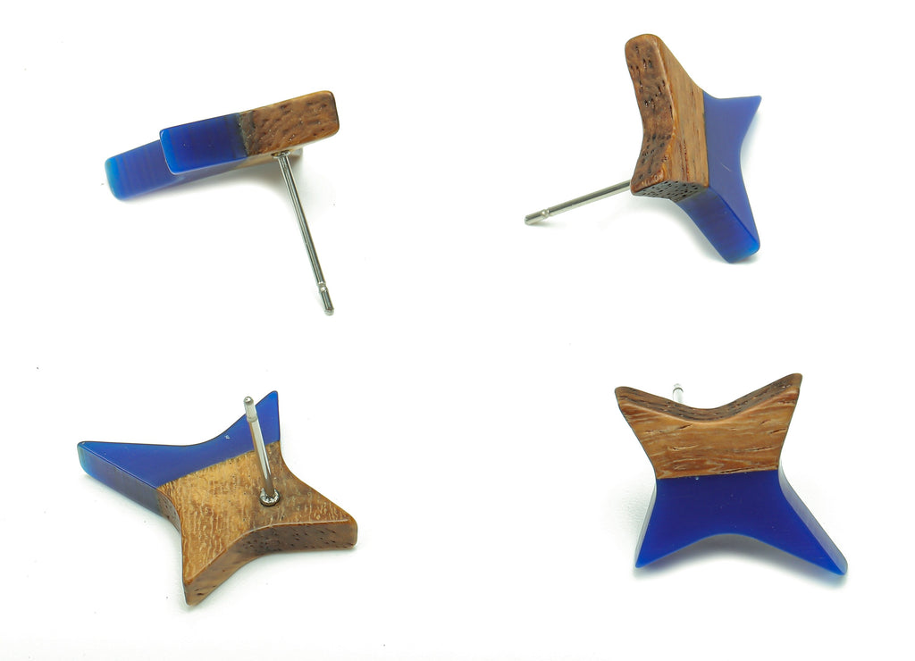 Natural Wooden North Star Earring - Walnut Wood Blue Resin Four-Pointed Star Earring Post - 316 Stainless Steel Stud-20.1x17.1x3.1mm-BB1259N - DOMEDBAZAAR