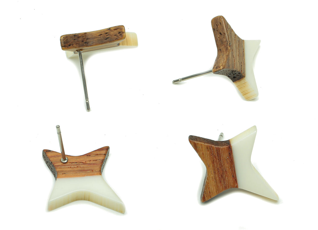 Natural Wooden North Star Earring - Walnut Wood White Resin Four-Pointed Star Earring Post -316 Stainless Steel Stud-20.1x17.1x3.1mm-BB1259R - DOMEDBAZAAR