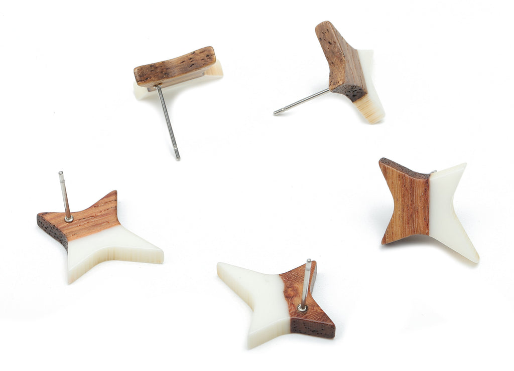Natural Wooden North Star Earring - Walnut Wood White Resin Four-Pointed Star Earring Post -316 Stainless Steel Stud-20.1x17.1x3.1mm-BB1259R - DOMEDBAZAAR
