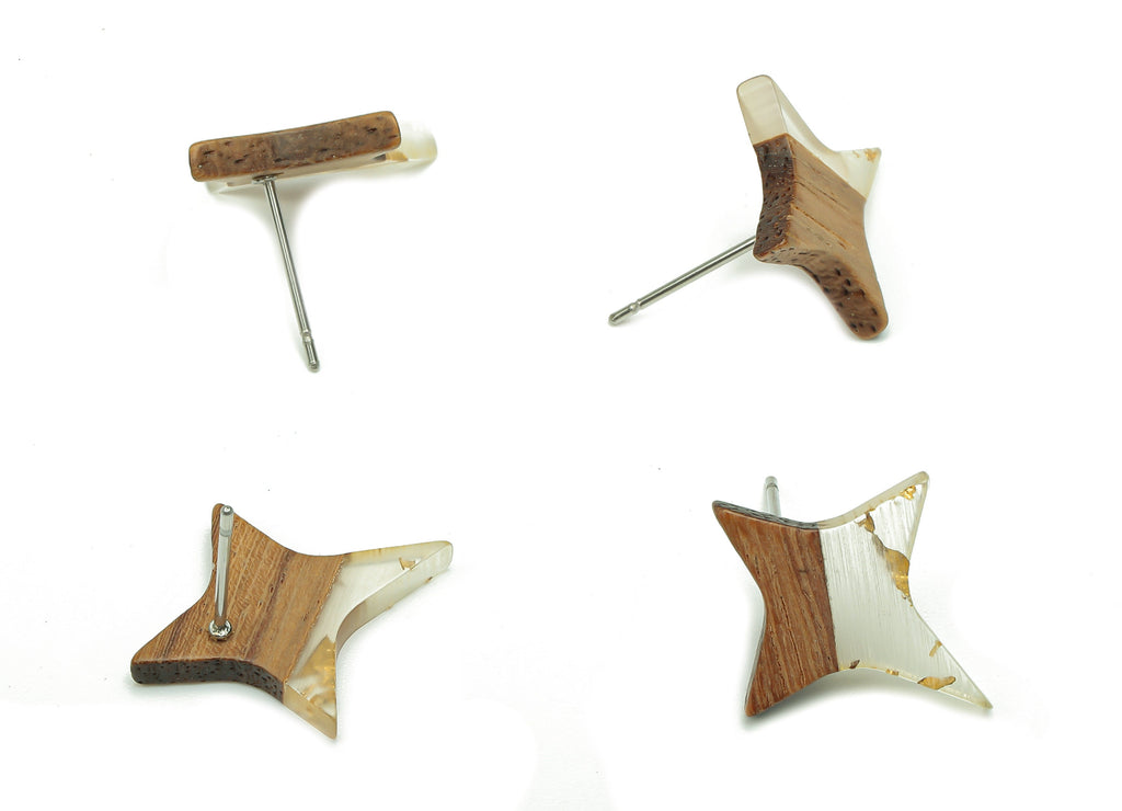Natural Wooden North Star Earring - Walnut Wood Gold Foil Clear Resin Four-Pointed Star - 316 Stainless Steel Stud -20.1x17.1x3.1mm-BB1259S - DOMEDBAZAAR