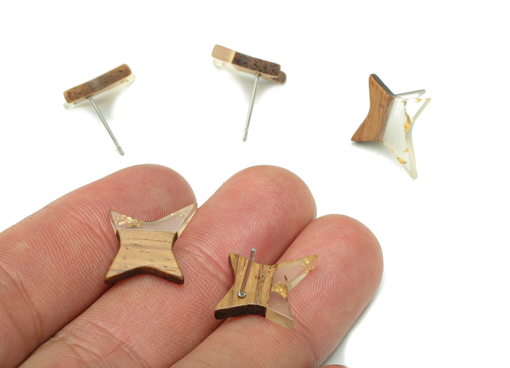 Natural Wooden North Star Earring - Walnut Wood Gold Foil Clear Resin Four-Pointed Star - 316 Stainless Steel Stud -20.1x17.1x3.1mm-BB1259S - DOMEDBAZAAR