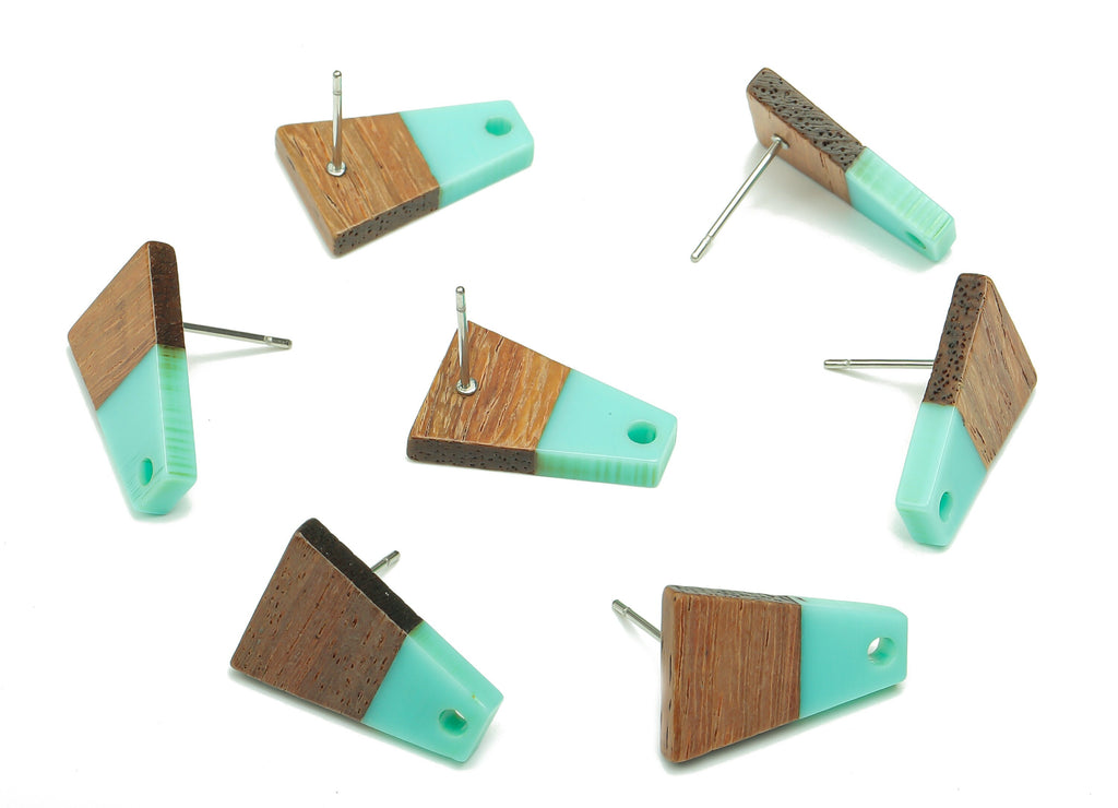 Natural Wooden Trapezoid Earring Stud - Walnut Wood Aqua Resin Earring Post - 316 Stainless Steel Stud - 17.86x12.37x2.5mm - BB1260A - DOMEDBAZAAR