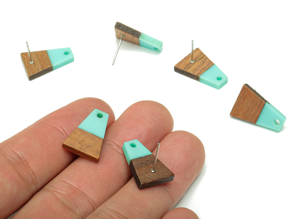 Natural Wooden Trapezoid Earring Stud - Walnut Wood Aqua Resin Earring Post - 316 Stainless Steel Stud - 17.86x12.37x2.5mm - BB1260A - DOMEDBAZAAR