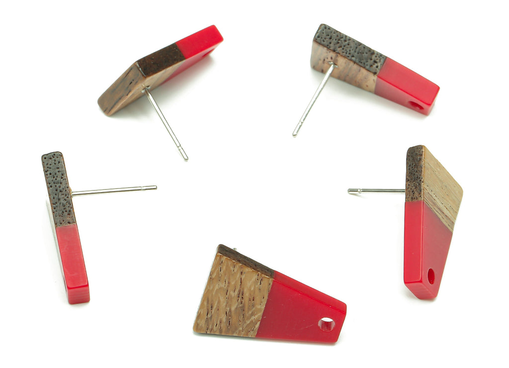 Natural Wooden Trapezoid Earring Stud - Walnut Wood Red Resin Earring Post - 316 Stainless Steel Stud - 17.86x12.37x2.5mm - BB1260B - DOMEDBAZAAR