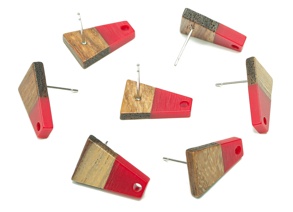 Natural Wooden Trapezoid Earring Stud - Walnut Wood Red Resin Earring Post - 316 Stainless Steel Stud - 17.86x12.37x2.5mm - BB1260B - DOMEDBAZAAR