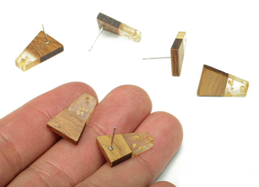 Natural Wooden Trapezoid Earring Stud - Walnut Wood Gold Foil Clear Resin Earring Post - 316 Stainless Steel Stud - 17.9x12.4x2.5mm -BB1260C - DOMEDBAZAAR