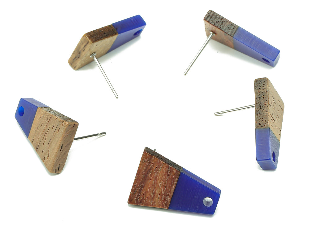 Natural Wooden Trapezoid Earring Stud - Walnut Wood Dark Blue Resin Earring Post - 316 Stainless Steel Stud - 17.86x12.37x2.5mm - BB1260D - DOMEDBAZAAR