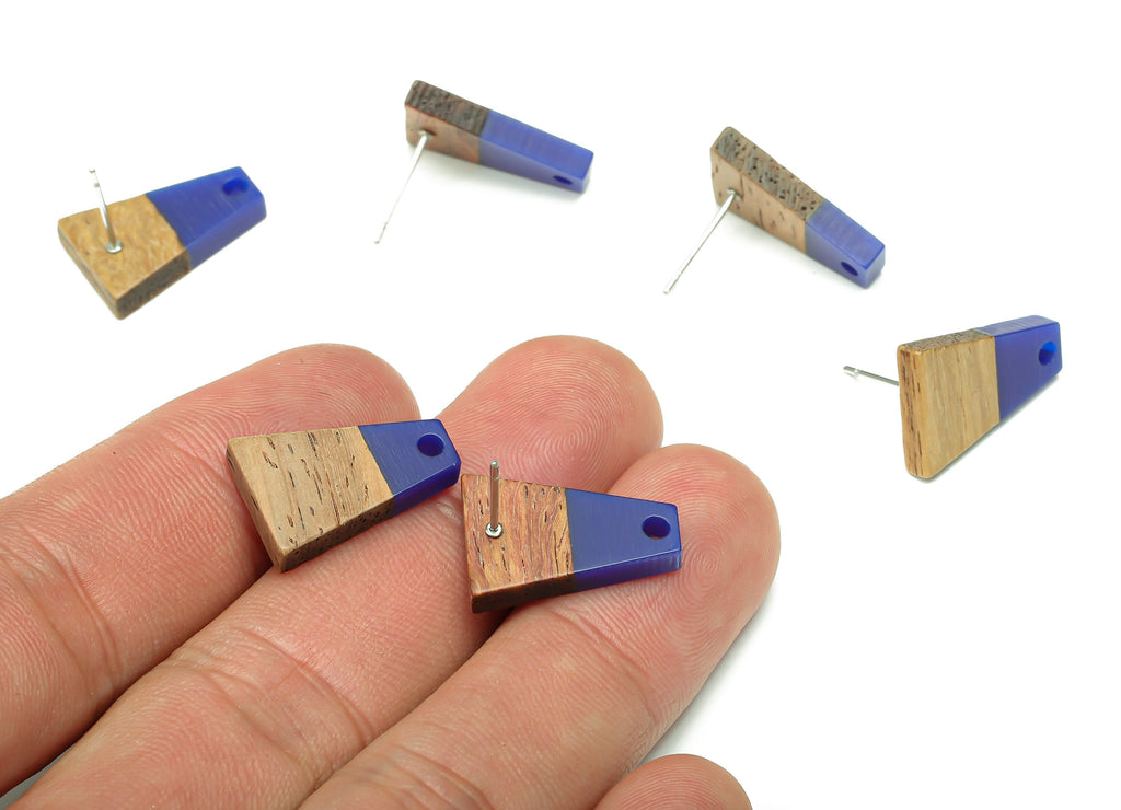 Natural Wooden Trapezoid Earring Stud - Walnut Wood Dark Blue Resin Earring Post - 316 Stainless Steel Stud - 17.86x12.37x2.5mm - BB1260D - DOMEDBAZAAR