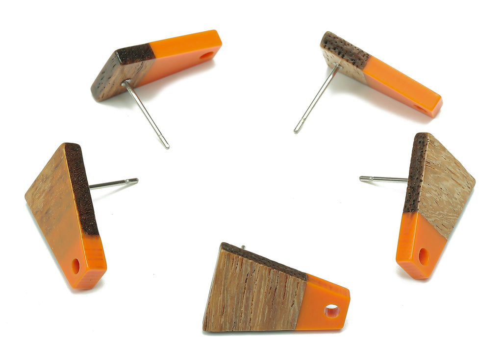 Natural Wooden Trapezoid Earring Stud - Walnut Wood Orange Resin Earring Post - 316 Stainless Steel Stud - 17.86x12.37x2.5mm - BB1260E - DOMEDBAZAAR
