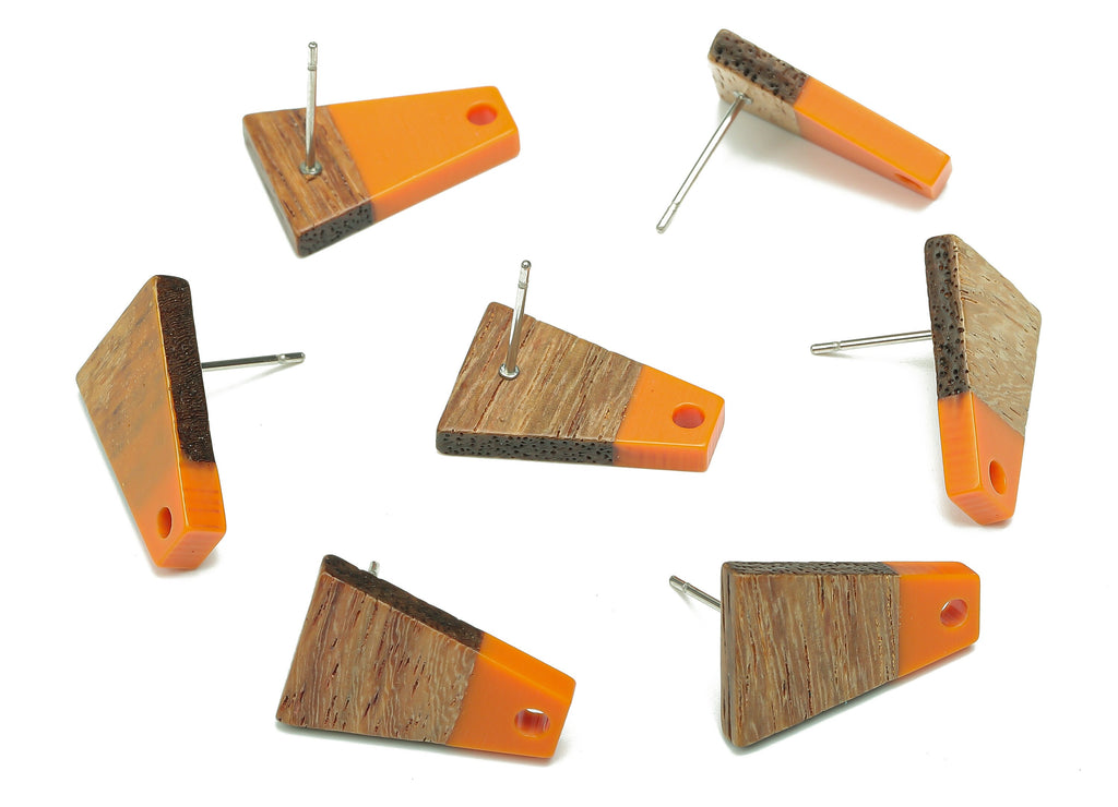 Natural Wooden Trapezoid Earring Stud - Walnut Wood Orange Resin Earring Post - 316 Stainless Steel Stud - 17.86x12.37x2.5mm - BB1260E - DOMEDBAZAAR