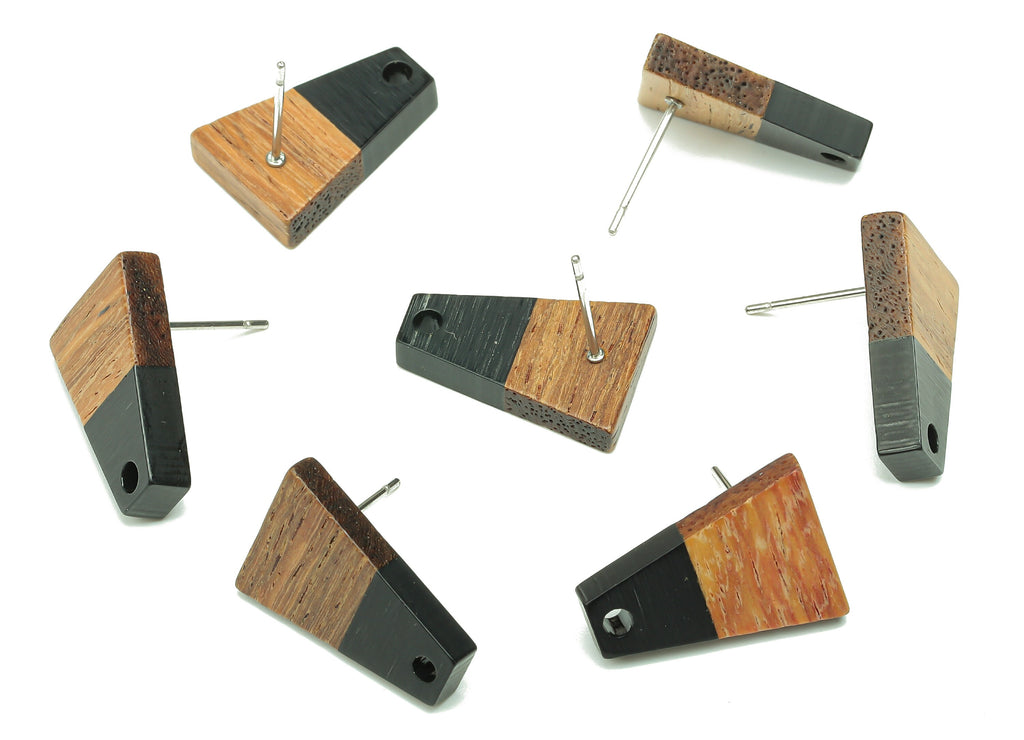Natural Wooden Trapezoid Earring Stud - Walnut Wood Black Resin Earring Post - 316 Stainless Steel Stud - 17.86x12.37x2.5mm - BB1260G - DOMEDBAZAAR