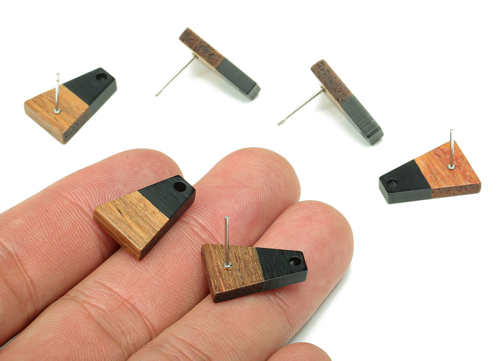 Natural Wooden Trapezoid Earring Stud - Walnut Wood Black Resin Earring Post - 316 Stainless Steel Stud - 17.86x12.37x2.5mm - BB1260G - DOMEDBAZAAR