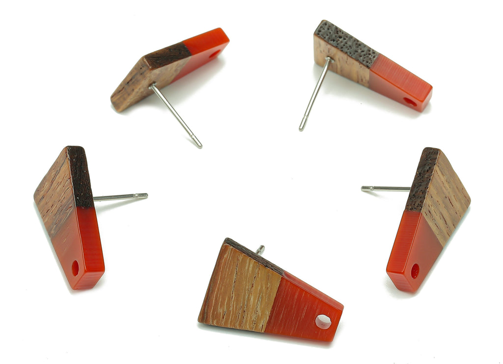 Natural Wooden Trapezoid Earring Stud - Walnut Wood Red Resin Earring Post - 316 Stainless Steel Stud - 17.86x12.37x2.5mm - BB1260H - DOMEDBAZAAR