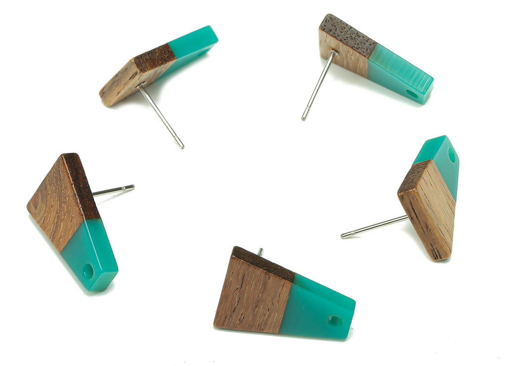 Natural Wooden Trapezoid Earring Stud - Walnut Wood Petrol Resin Earring Post - 316 Stainless Steel Stud - 17.86x12.37x2.5mm - BB1260J - DOMEDBAZAAR