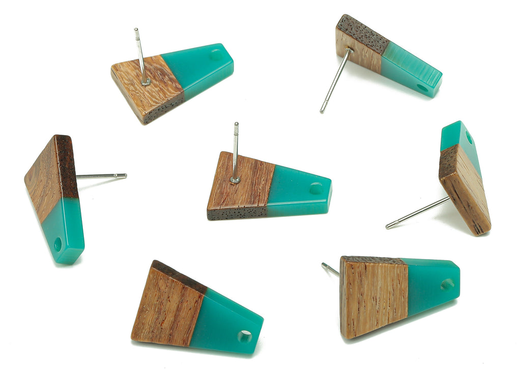 Natural Wooden Trapezoid Earring Stud - Walnut Wood Petrol Resin Earring Post - 316 Stainless Steel Stud - 17.86x12.37x2.5mm - BB1260J - DOMEDBAZAAR