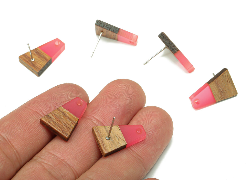 Natural Wooden Trapezoid Earring Stud - Walnut Wood Light Red Resin Earring Post - 316 Stainless Steel Stud - 17.86x12.37x2.5mm - BB1260K - DOMEDBAZAAR