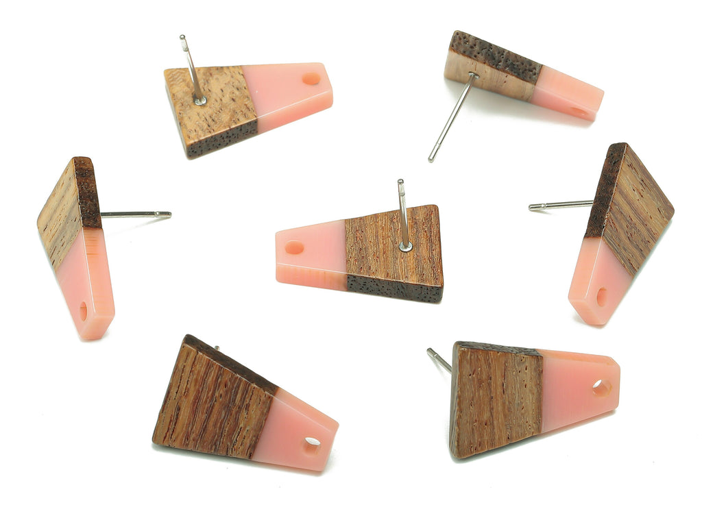 Natural Wooden Trapezoid Earring Stud - Walnut Wood Pink Resin Earring Post - 316 Stainless Steel Stud - 17.86x12.37x2.5mm - BB1260L - DOMEDBAZAAR