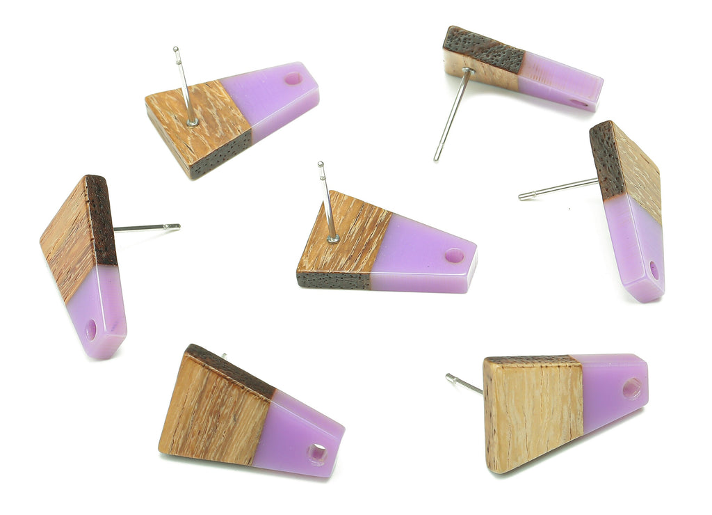Natural Wooden Trapezoid Earring Stud - Walnut Wood Purple Resin Earring Post - 316 Stainless Steel Stud - 17.86x12.37x2.5mm - BB1260M - DOMEDBAZAAR