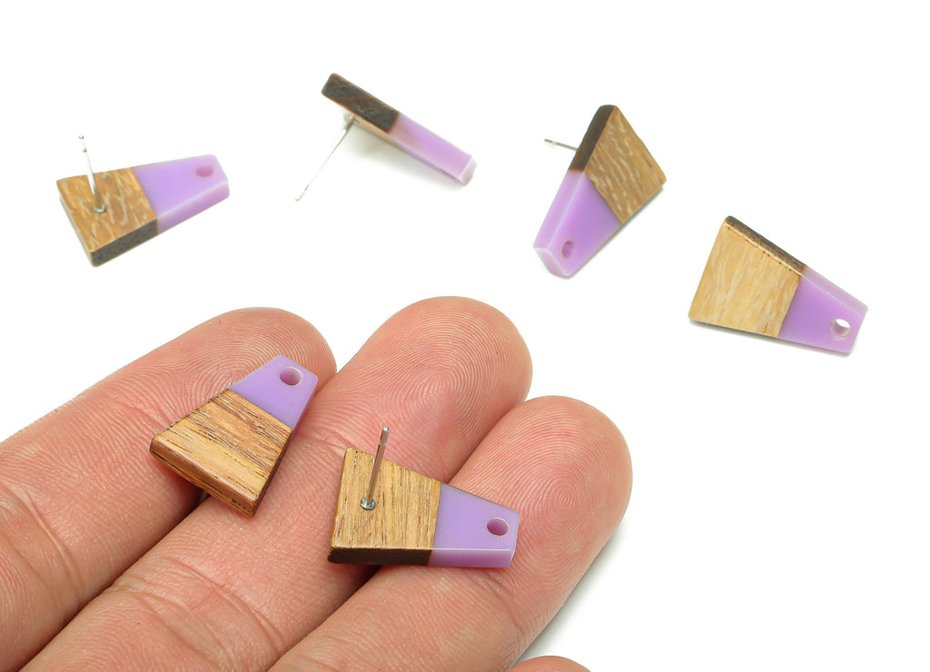 Natural Wooden Trapezoid Earring Stud - Walnut Wood Purple Resin Earring Post - 316 Stainless Steel Stud - 17.86x12.37x2.5mm - BB1260M - DOMEDBAZAAR