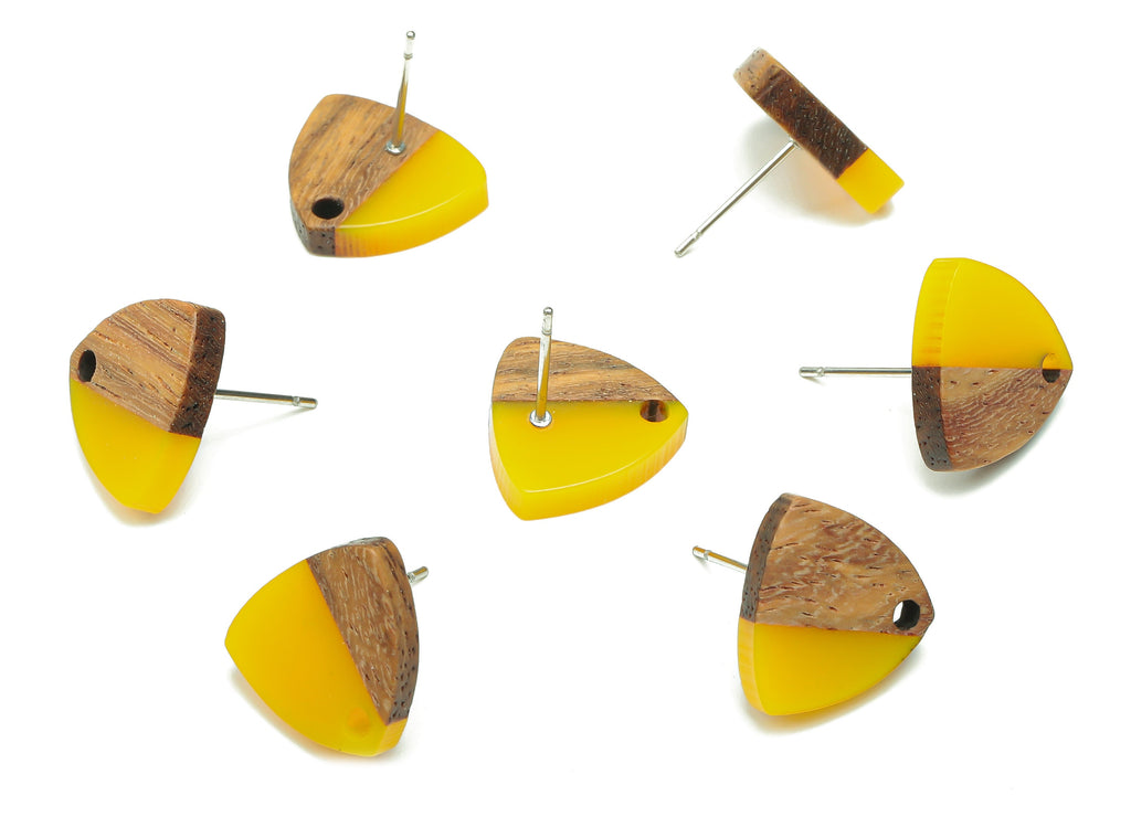 Natural Wooden Shield Earring Stud - Walnut Wood Yellow Resin Earring Post - 316 Stainless Steel Stud - 14.1x13.1x3.6mm - BB1263B - DOMEDBAZAAR