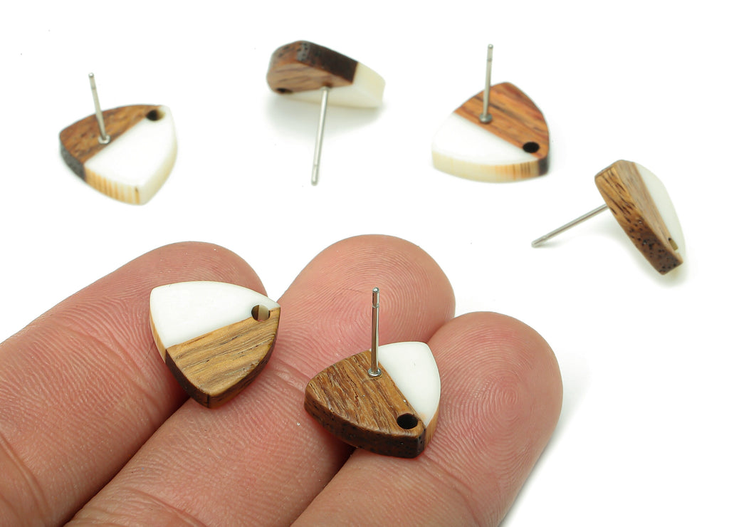 Natural Wooden Shield Earring Stud - Walnut Wood White Resin Earring Post - 316 Stainless Steel Stud - 14.1x13.1x3.6mm - BB1263D - DOMEDBAZAAR