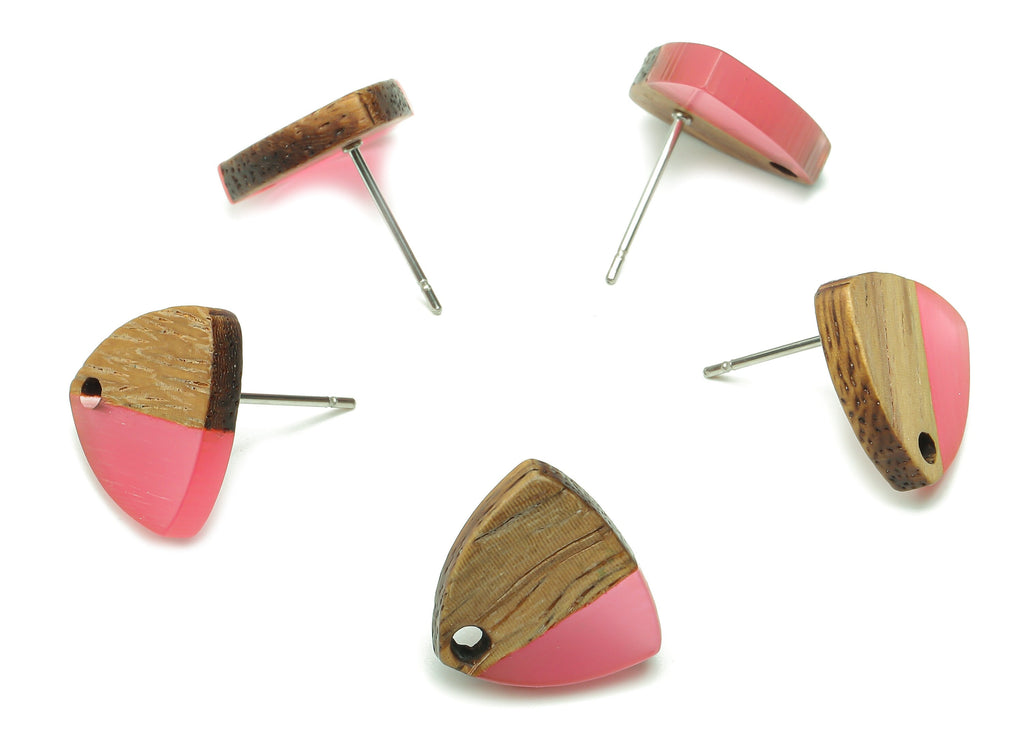 Natural Wooden Shield Earring Stud - Walnut Wood Light Red Resin Earring Post - 316 Stainless Steel Stud - 14.1x13.1x3.6mm - BB1263E - DOMEDBAZAAR
