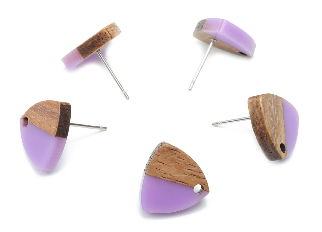Natural Wooden Shield Earring Stud - Walnut Wood Purple Resin Earring Post - 316 Stainless Steel Stud - 14.1x13.1x3.6mm - BB1263F - DOMEDBAZAAR