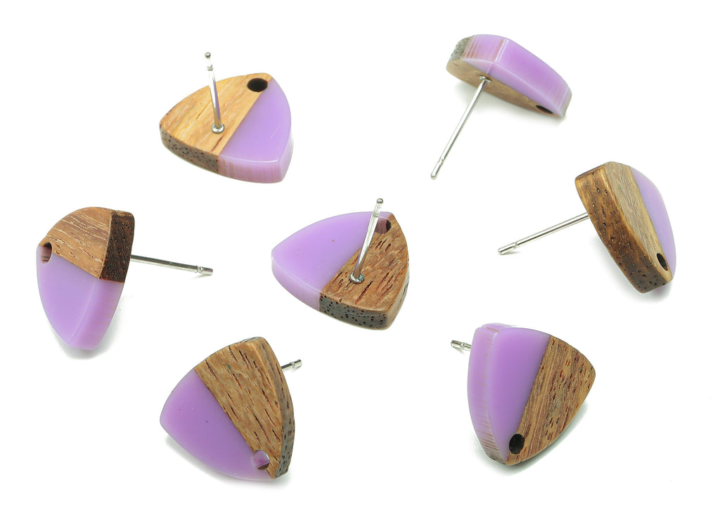 Natural Wooden Shield Earring Stud - Walnut Wood Purple Resin Earring Post - 316 Stainless Steel Stud - 14.1x13.1x3.6mm - BB1263F - DOMEDBAZAAR