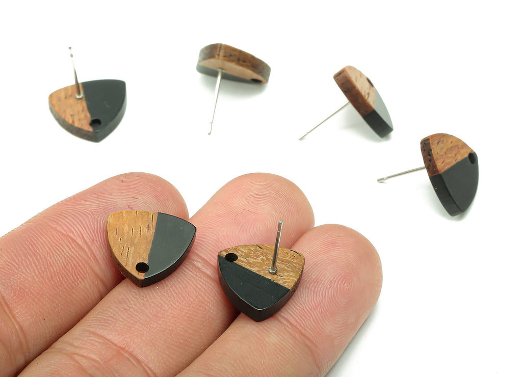 Natural Wooden Shield Earring Stud - Walnut Wood Black Resin Earring Post - 316 Stainless Steel Stud - 14.1x13.1x3.6mm - BB1263G - DOMEDBAZAAR