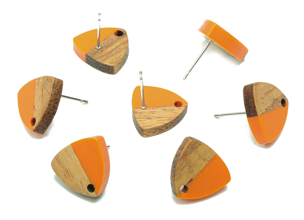 Natural Wooden Shield Earring Stud - Walnut Wood Orange Resin Earring Post - 316 Stainless Steel Stud - 14.1x13.1x3.6mm - BB1263K - DOMEDBAZAAR