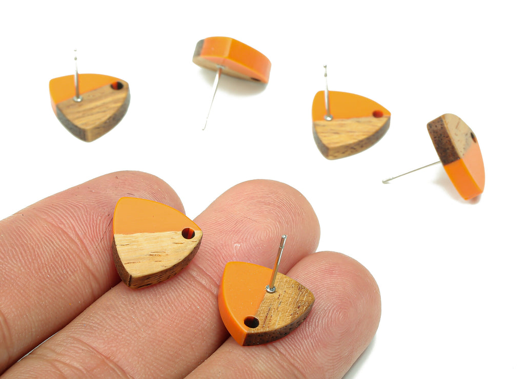 Natural Wooden Shield Earring Stud - Walnut Wood Orange Resin Earring Post - 316 Stainless Steel Stud - 14.1x13.1x3.6mm - BB1263K - DOMEDBAZAAR